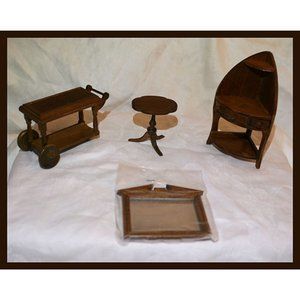 4 pieces vintage dollhouse furniture - table, corner stand, dinner cart, mirror